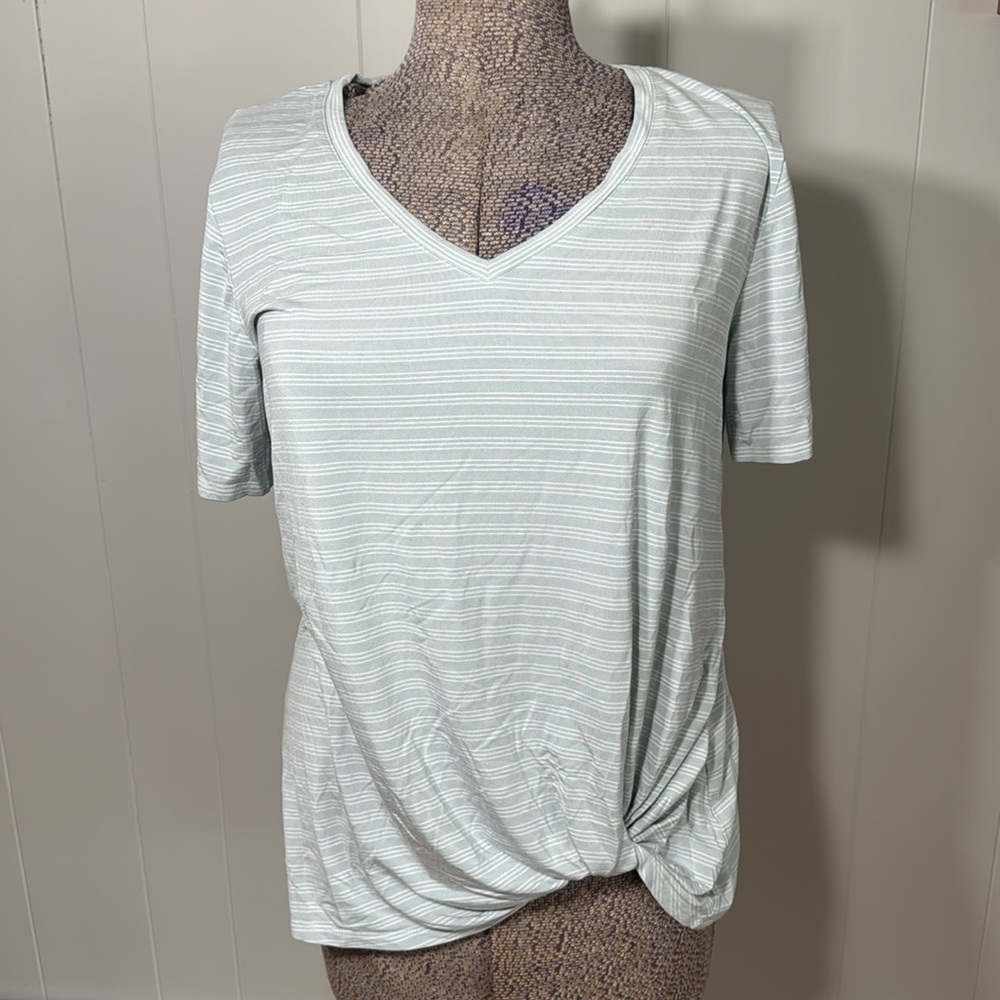 Matty M Womens Large Sage Green and White Stripe Short Sleeve Blouse